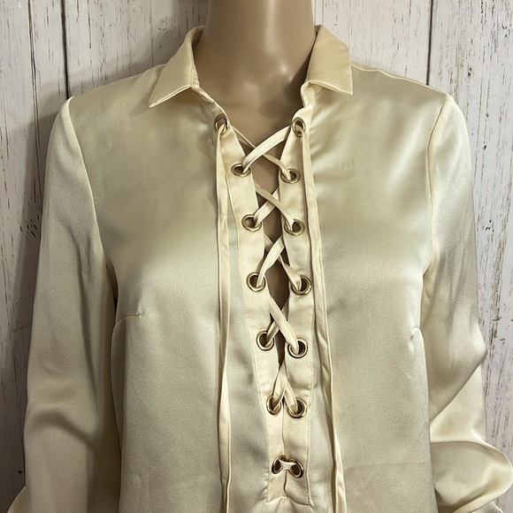 Alythea 100% Polyester Corsette Neck Blouse Golden Buttery Long Sleeves Silky - Picture 3 of 8